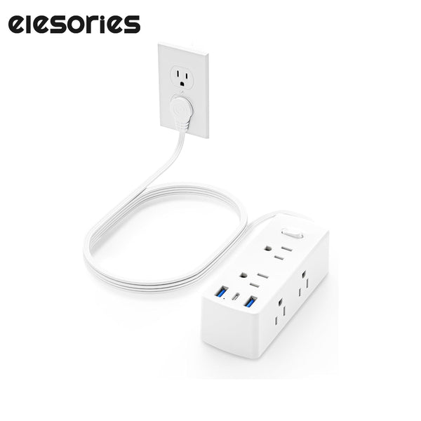 Flat Plug Power Strip, Olcorife Flat Extension Cord 5ft, 6 Outlets 3 USB Ports(1 USB C), 3-Side Outlet Extender Surge Protector for Home Office Travel Dorm Room Essentials