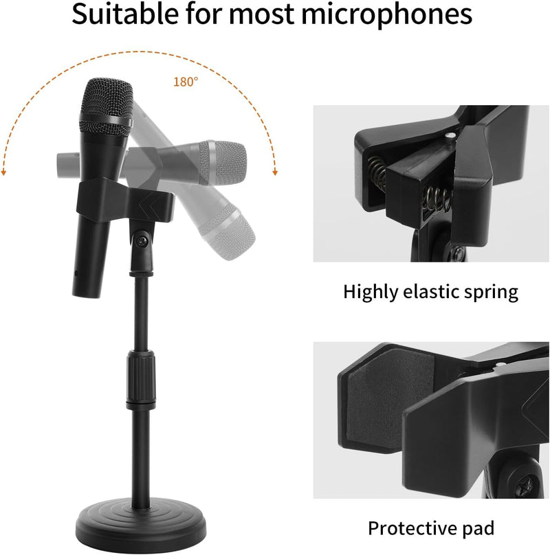 Desk Mic Stand - Upgraded Adjustable Table Microphone Stand with Mic Clip Compatible with Max 1.7 inch Diameter Microphone - Height 9.6 to 13.9 inch