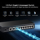 10 Port Gigabit Ethernet Switch, 8 Ports 100/1000Mbps, 2 Gigabit Uplink, Support Vlan, Metal Case Unmanaged Plug and Play