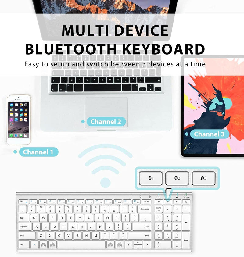 BK10 Bluetooth Keyboard, Multi Device Keyboard Rechargeable Bluetooth 5.1 with Number Pad Ergonomic Design Full Size Stable Connection Keyboard for iPad, iPhone, Mac, iOS, Android, Windows