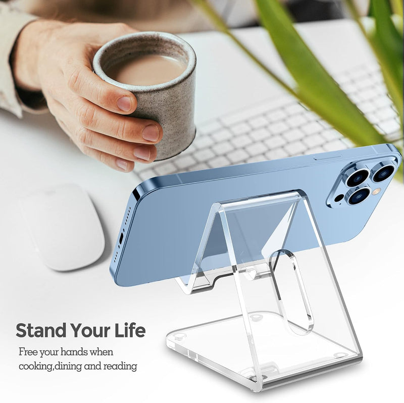 Acrylic Cell Phone Stand, 5mm Thicker Clear Cell Phone Holder, Transparent Phone Stand for Desk, Desktop, Desk Accessories, Suitable for iPhone 14 13 Pro Max, All Smartphone 4-8inch