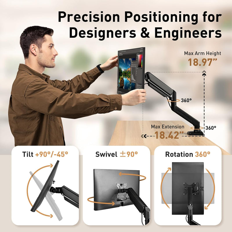 Single Monitor Mount, Fits 13-32Inch Screen, Gas Spring Monitor arm Support Max 19.8Ibs Computer Monitors, Vesa Mount with Clamp and Grommet Base, Perfect for Office & Home Office Use