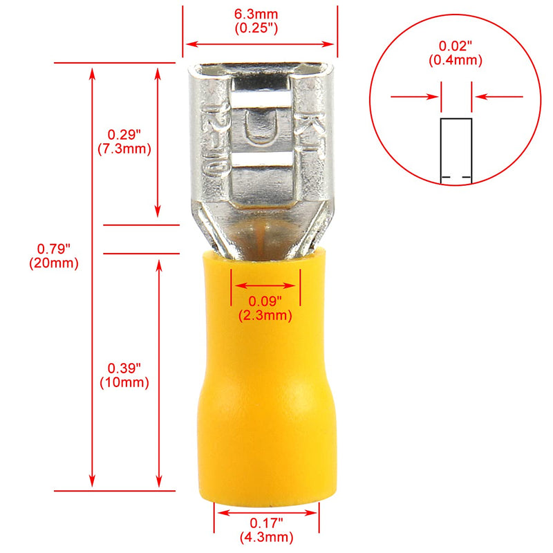 1/4" Female Quick disconnects Vinyl Insulated Spade Wire Connector Electrical Crimp Terminal 12-10 AWG Yellow (100PCS)